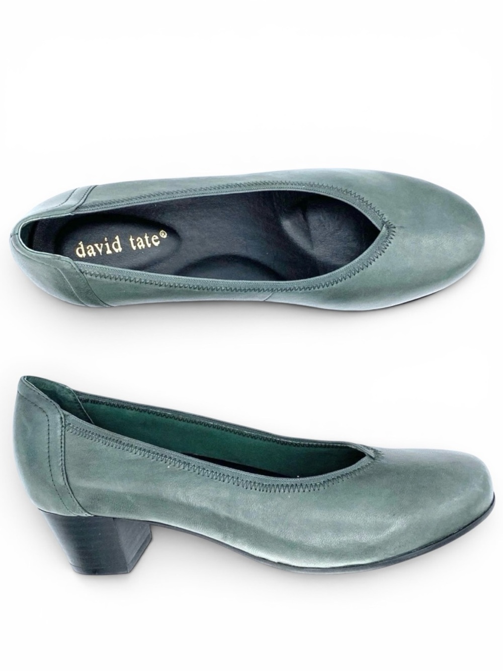 David Tate Madera Forest Green Leather Comfort Pumps Women’s 10N Block Heel